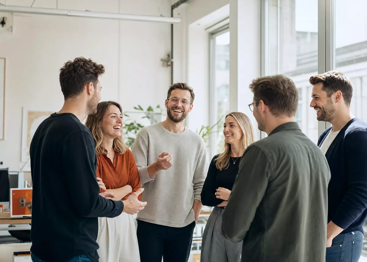 Grupa pracowników rozmawiająca w okręgu Grupa pracowników rozmawiająca w okręgu